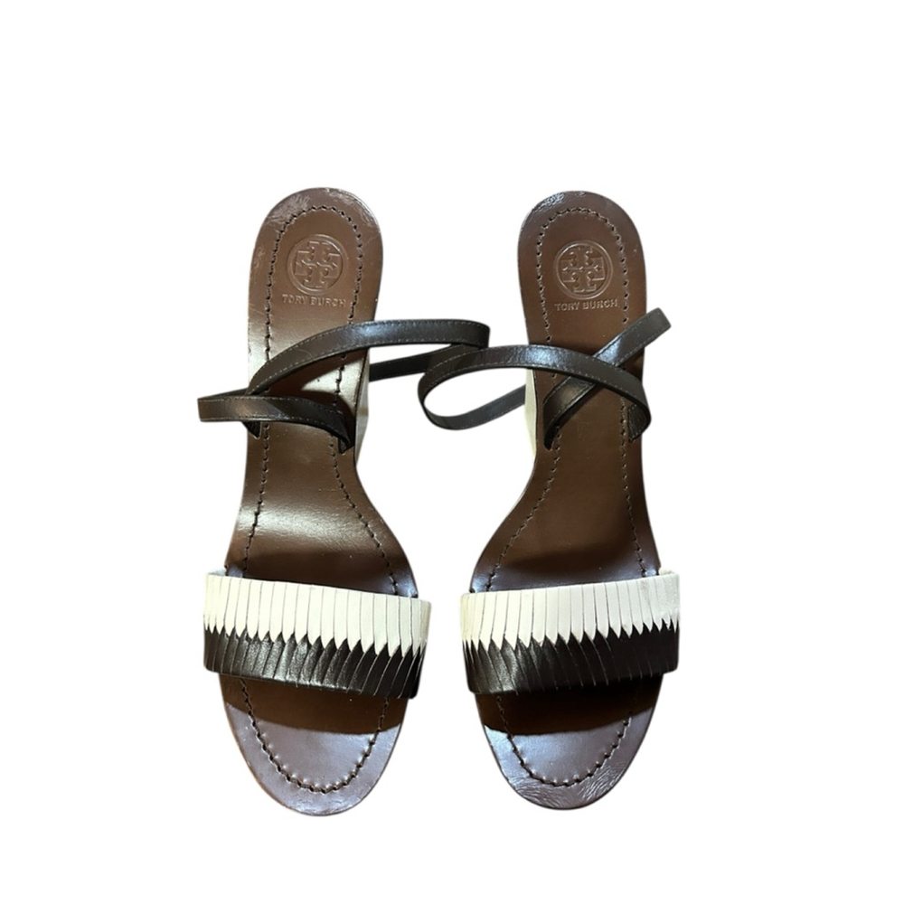 Tory Burch Brown & Ivory Platform Sandals Size 9.5 - Picture 2 of 10